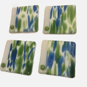 Handblown Glass Coasters Set of 4 Blue Green Square 4x4”
